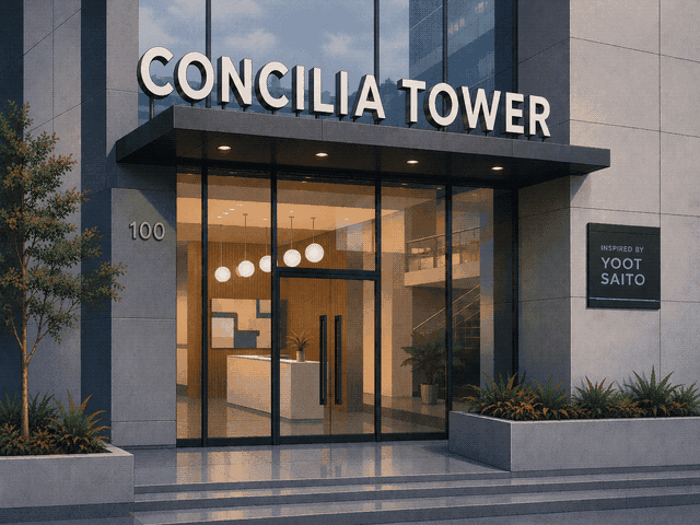 A contemporary glass tower entrance at dusk bearing the sign CONCILIA TOWER, its warm lobby glowing through the glass, rendered in the dithered style of the 1994 SimTower splash screen